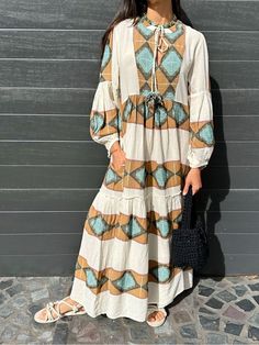 Women Elegant Dresses, Stylish Retro Greek Goddess Pattern Print Dress Casual Beige Maxi Dress For Fall, Beige Boho Dress For Fall Vacation, Casual Beige Long Sleeve Boho Dress, Beige Long Sleeve Boho Beach Dress, Beige Maxi Dress For Beach In Fall, Bohemian Cream Dresses For Fall, Beige Long Sleeve Midi Dress For Beach, Beige Long Sleeve Dress For Daywear, Cream Long Sleeve Midi Beach Dress