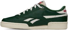 Low-top grained leather sneakers in green. · Perforated detailing at toe · Lace-up closure · Logo patch at padded tongue · Padded collar · Inset logo patch at outer side · Signature stripes at sides · Logo embroidered at heel tab · Terrycloth lining · Treaded rubber sole Supplier color: Dark green/Chalk/Neon cherry Classic Green Sneakers For Outdoor, Classic Green Outdoor Sneakers, Casual Green Leather Skate Shoes, Casual Green Skate Shoes For Outdoor, Vintage Green Lace-up Sneakers, Green Leather Skate Shoes With Perforated Toe Box, Green Sneakers With Logo Patch And Round Toe, Leather Sports Sneakers With Logo Patch, Leather Sneakers With Logo Patch For Sports