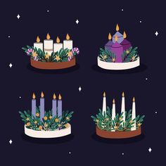 four candles with plants and flowers on them