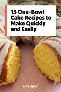 a bundt cake with icing on top and the words 15 one - bowl cake recipes to make quickly and easily