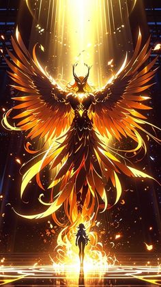 an anime character standing in front of a bright light with wings on his head and arms