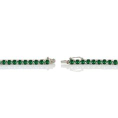 This glamorous tennis bracelet showcases glistening round 4mm created emerald stones all around. The bracelet is crafted of sterling silver and secured by a box post with a safety latch. Product Details Metal Type sterling-silver Metal Stamp 925-sterling Weight 11.4GR Length 7.5IN Width 4MM Clasp Type box-with-tongue-and-safety Stone Details Gem Type created-emerald Number of Stones 42 Stone Color green Stone Shape round-shape Total Weight 8.5 Setting Type prongs Stone Creation Method simulated Bow Bracelet, Emerald Stone, Topaz Gemstone, Green Stone, Tennis Bracelet, Opal Gemstone, Blue Stone, Metal Stamping, Blue Topaz