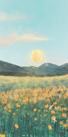 a painting of yellow flowers in a field with mountains in the background