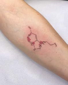 a tattoo on the arm of a woman with pink flowers and an arrow in it