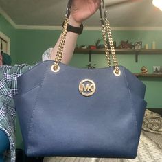 Navy Blue Color In Excellent Condition With Some Minor Staining On Interior- Only You Will Ever Know! Happy To Provide More Photos On Request Navy Blue Color, Michael Kors Jet Set, Leather Shoulder Bag, Navy Blue, Michael Kors, Navy, Purses And Bags