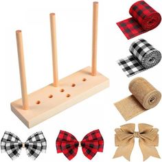 wooden pegs, bow ties, and other accessories are arranged on a white background