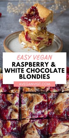 raspberry and white chocolate blondies stacked on top of each other with text overlay