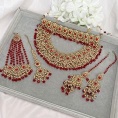 Luxurious Antique Gold Bridal set made up of of golden crystals, thousands of tiny pearls and rich red crystal beads. This set is ready to ship as seen with gift box. Bridal Choker, Bridal Necklace Set, Red Necklace, Crystal Choker, Necklace Choker, Red Crystals, Bridal Set, Bridal Necklace, Bridal Sets