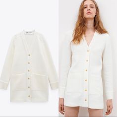 Brand New With Tags. Color Is Oyster White. Size Xl Leather Shirt Dress, Zara Basics, Oyster White, Large Cardigan, Zara Coat, Zara Jacket, Jacquard Jacket, Fringe Sweater, Zara Sweater