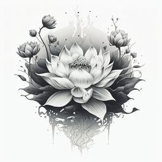 a black and white drawing of a flower with water droplets on it's petals