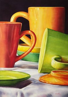 a painting of colorful cups and plates on a table