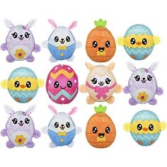 a bunch of stuffed animals that are in the shape of an egg and other toys