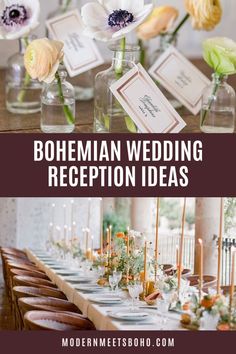 bohemian wedding reception ideas with flowers in vases