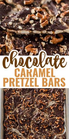 chocolate caramel pretzel bars with nuts on top and in the background, there is