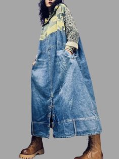 Material: denim 81%-90%Color: BlueSize Details ( M - L - XL ) Length: 120cm / 47.2inch Bust: 138cm / 54.3inch Cowboy Dress, Vestiti In Jeans, Baggy Jean, Loose Dresses, Boho Fashion Bohemian, Denim Ideas, Jean Dress, Patchwork Denim, Denim Maxi