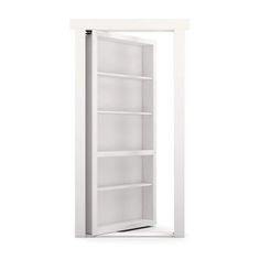 an empty white bookcase is shown with no doors on the front and bottom shelves