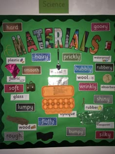 a green bulletin board with words and pictures on it that spell out materials in different languages