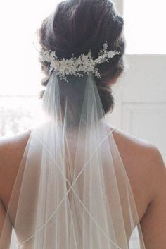 the back of a bride's dress with a veil and flowers in her hair