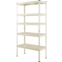 a white shelving unit with four shelves on each side and one shelf in the middle