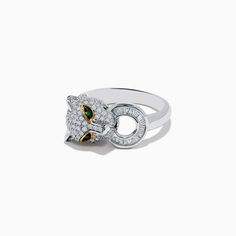 Effy 14k Signature White Gold Diamond & Emerald Panther Ring Luxury 14k White Gold Diamond Ring With 17 Jewels, Platinum Emerald Ring In White Gold, Luxury 14k Gold Round Emerald Ring, Luxury Multi-stone Round Cut Jewelry, Luxury Silver Emerald Ring With Brilliant Cut, Luxury Cubic Zirconia Ring With Polished Finish, Luxury 14k Gold Ring With 17 Jewels, Luxury 14k White Gold Emerald Ring With Vvs Clarity, Luxury Multi-stone Emerald Ring In White Gold