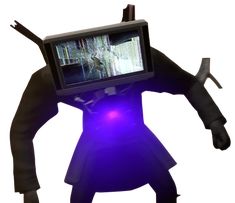 a man with a tv on his head and arms in front of him is holding a knife