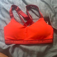 Bright Coral Sports Bra Brand New With Tags Straps Are Deeper Red Color Under Armour Bra, Hot Pink Sports Bra, Under Armour Logo, Gray Sports Bra, Printed Sports Bra, High Impact Sports Bra, Workout Fits, Racerback Sports Bra, Pink Sports Bra