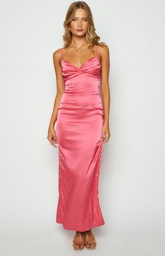 Pink Satin Maxi Dress Pink Sleeveless Maxi Dress For Wedding Guest, Elegant Pink Maxi Dress For Prom, Chic Ruched Maxi Dress For Wedding Guest, Elegant Pink Prom Maxi Dress, Pink Maxi Length Evening Dress For Wedding Guest, Pink Maxi Evening Dress For Wedding Guest, Feminine Pink Maxi Dress For Prom Season, Feminine Ruched Maxi Dress For Formal Occasions, Pink Feminine Maxi Dress For Prom Season