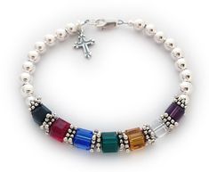 "The 6mm Square Faith or Salvation Bracelet™ is made with 6mm round sterling silver beads with a sterling silver lobster clasp (you can choose a lobster clasp) and a sterling silver cross charm. Let us know if you want to include the purple crystal or not. The Swarovski's are 6mm square. The salvation bracelet, which is also known as the gospel bracelet, witness bracelet, wordless bracelet, bible or gospel bracelet is a bracelet used as a tool of Christians. The bracelet consists of a series of Classic Sterling Silver Bracelet With 8mm Beads Gift, Sterling Silver Bracelets With 8mm Beads For Gift, Sterling Silver 8mm Beads Bracelet As Gift, Spiritual Sterling Silver Beaded Bracelets With Birthstone, Gospel Bracelet, Salvation Bracelet, Bracelet With Cross, Faith Bracelet, Church Crafts