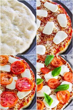 four different views of a pizza with cheese, tomatoes and basil on it's toppings