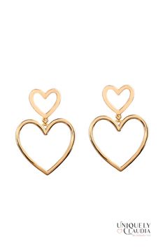 Double Dose of Hearts Gold Earrings | Uniquely Claudia Earrings Heart, Heart Shaped Earrings, Cleaning Cloth, Storage Bag, Zinc Alloy, Bag Storage, The Modern, Heart Ring, Gold Earrings