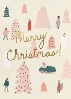 a christmas card with people and trees in pink, blue, green and white colors