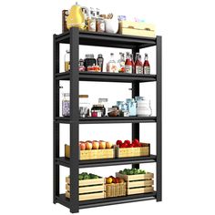 a black shelving unit filled with lots of food