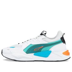 PUMA Rs-X Split Athleisure Casual Sports Shoe Unisex White Blue Green 'White Blue' 383409-02 (SNKR/Retro/Non-Slip/Shock-absorbing) Breathable Low-top Activewear For Gym, Moisture-wicking Activewear For The Gym, Moisture-wicking Gym Activewear, Blue Dynamic Athletic Fit Sneakers, Dynamic Blue Sneakers With Athletic Fit, Blue Moisture-wicking Sneakers For Running, Dynamic Blue Athletic Fit Sneakers, Dynamic Blue Athletic Sneakers, Blue Moisture-wicking Running Sneakers