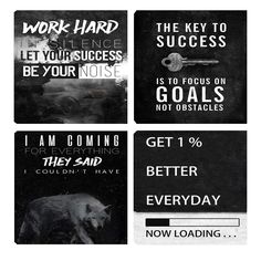 four business cards with the words work hard, let your success be your noise, and get 1 % better everyday