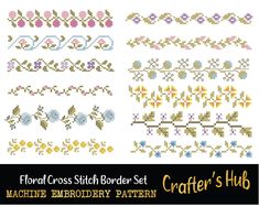 four cross stitch borders set with flowers and leaves on each side, including the words crafter's hub