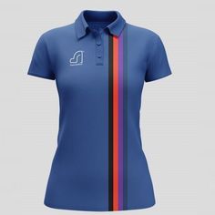 a women's blue polo shirt with multi - colored stripes on the front and back