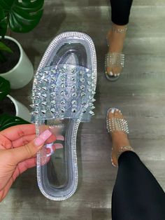 Josie Clear Spiked Sandals - Atlanta Shoe Studio Clear Sandals, Flower Heels, Rose Gold Sandals, Pretty Sandals, Wedding Shoes Comfortable, Orange Sneakers, Vegas Outfit, Denim Boots, Girly Shoes