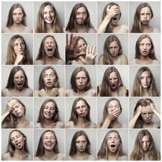 many different pictures of a woman making funny faces with her hands and eyes wide open