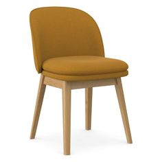 an upholstered wooden chair with a mustard colored seat and backrest, viewed from the front