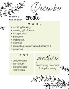 use this sheet as a reminder all month, print it out/Pin it, set your own goals! 

December, create, spirit, made with love, monthly goals, monthly motto, healthy living, growth mindset, self-development 2024 Monthly Goals, Monthly Focus Ideas Planner, How To Set Monthly Goals, Word Of The Month Ideas, Monthly Focus Ideas, Monthly Goals Ideas Inspiration, Motto Of The Month, Monthly Motto, Monthly Goals Ideas