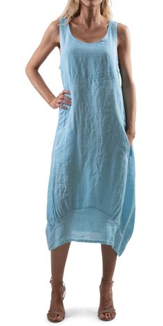 Full Linen Sleeveless Dress that Falls about Mid-Length. There are Elastic Side Panels and Pockets. 100% Linen One Size / OS Made in Italy Sleeveless Blue Maxi Dress With Pockets, Blue Sleeveless Maxi Dress With Pockets, Sleeveless Turquoise Maxi Dress For Spring, Turquoise Sleeveless Maxi Dress For Spring, Light Blue Sleeveless Dress With Pockets, Sleeveless Relaxed Fit Maxi Dress With Pockets, Sleeveless Relaxed Fit Midi Dress, Relaxed Fit Sleeveless Maxi Dress With Pockets, Sleeveless Turquoise Midi Beach Dress