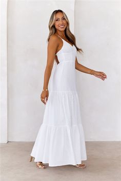 Length from bust to hem of size S: 125cm. Chest: 35cm. Waist: 30cm. across front only of size S. Maxi dress. Lined. Model is a standard XS and is wearing size XS. True to size. Non-stretch. Embroidered fabrication. Elastic back. Tie-up back. Slip on. Cold hand wash only. Main: Cotton Lining: Polyester/Spandex. Please Note: This product is a hayhty Exclusive.  Enter your dreamiest era yet with the It's Warming Up Maxi Dress by hayhty. Featuring a gorgeous embroidered fabrication. an elastic back and a flowy skirt. Style with sandals and beachy waves. Plain Maxi Dress, Maxi Dress White, White Long Sleeve Dress, Beachy Waves, Long White Dress, Skirt Style, Warming Up, Flowy Skirt, White Maxi Dresses