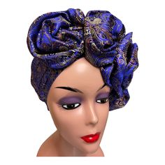 This beautiful headscarf is made from  Damask Brrocade. Suitable for all season.  Great for Wedding parties, church and other special occasions Style - Pre-styled  Auto Gele Headscarf  Ready to wear. This fashion turban is designed with comfort and style in mind, it is easy to wear, no tying involved, wear on your head like a hat and you are ready to go. This Auto Gele Head tie is versatile, and it compliments every outfit.  Care: Dry clean  Ready to wear No tying, No pining, No hassle  Size - O Bohemian Blue Headpiece For Party, Blue Bohemian Headpieces For Party, Bohemian Blue Headpieces For Party, Blue Bohemian Party Headpiece, One Size Party Headscarf Headband, One Size Party Headband Headscarf, Adjustable Blue Turban For Party, Adjustable Blue Headwrap, Elegant Blue Headscarf