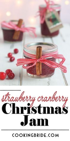 strawberry cranberry christmas jam in a jar with text overlay