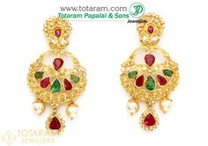 22K Gold Uncut Diamond Hoop Earrings with Rubies, Emeralds & Japanese Culture pearls - 235-DER773 in 19.350 Grams 22 Karat Gold Jewelry, Chand Bali, 22k Gold Earrings, Indian Gold Jewelry, Bangles Indian, Uncut Diamond, Diamond Drop Earrings, Ear Rings, Diamond Hoop Earrings