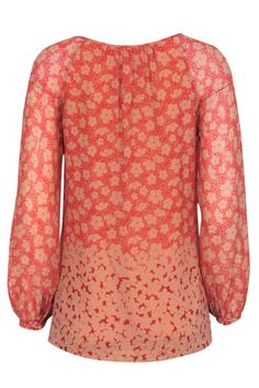 Bring color to the office with this blouse from Tory Burch! A pretty floral pattern that fades from light red to dark red elevates this 100% silk top. A classic professional piece with a colorful twist and a beautiful fabric. The lightweight silk and long sleeve combo is perfect for an office look. Pair with a wide leg pant and pump for an elevated professional look. Size 2 Shell: 100% Silk Lining: 100% Polyester Pullover Lined body Relaxed silhouette Crew neckline with button keyhole Long sleev Silk Blouse With Floral Print For Fall, Floral Print Silk Blouse For Fall, Floral Print Viscose Blouse For Workwear, Formal Silk Blouse With Print, Formal Silk Blouse With Printed Details, Red Silk Blouse For Work, Red Silk Blouse For Spring, Red Silk Blouse For Formal Occasions, Elegant Viscose Tops With Floral Print