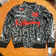 Nwt Keith Haring X Members Only Jacket Men’s S Black Good Times Windbreaker Bomber #109 Red Graphic Print Outerwear For Streetwear, Winter Sports Outerwear With Graphic Print, Graphic Print Outerwear For Winter Sports, Black Hooded Windbreaker With Graphic Print, Black Graphic Print Windbreaker For Fall, Fall Black Windbreaker With Graphic Print, Black Windbreaker With Graphic Print For Winter, Red Techwear Outerwear For Streetwear, Black Hooded Track Jacket With Graphic Print