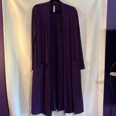 Really Soft And Light Weight Long Cardigan Casual Long Purple Outerwear, Purple Open Front Winter Outerwear, Winter Purple Open Front Cardigan, Purple Outerwear For Spring Layering, Purple Open Front Outerwear For Spring, Spring Purple Outerwear For Layering, One Size Long Sleeve Outerwear For Layering, Spring Purple Open Front Outerwear, Purple Open Front Cardigan For Fall