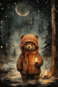 a painting of a bear wearing a raincoat and holding a lantern in the snow