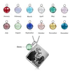 Customized Birthstone Calendar Date Engraved Necklace is made up of metal and is silver in color. It has a long chain with a square metal bar pendant in the center which can be engraved by message or name on one side and a photo on another. It also has a birth stone which can be selected as per birth month. Features: Metals Type: Stainless steel Customized Type: Photo Necklace Type: Pendant Necklaces Gender: Women Material: Metal Compatibility: All Compatible Pendant Size: 30mm Fine or Fashion: Calendar Necklace, Memorial Pendant, Picture Necklace, Calendar Date, Photo Necklace, Photo Pendant, Anniversary Dates, Photo Engraving, Square Pendant